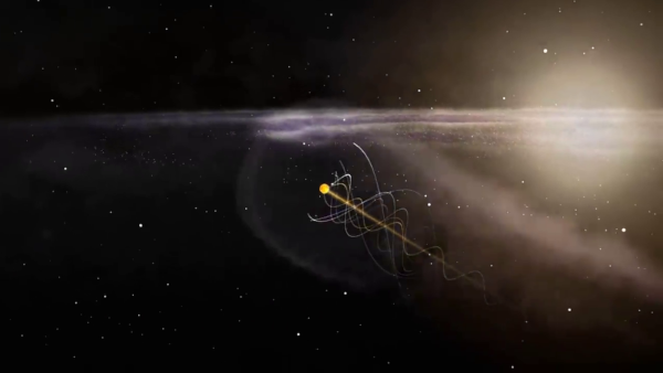 Image (capturée d'une vidéo de Balade mentale si ma mémoire est bonne) montrant la trajectoire de la Terre dans l'espace vue de loin : pas seulement un tour du Soleil, mais une trajectoire beaucoup plus grande, qui peut sembler être en zig-zag, car nous suivons notre Soleil qui tourne lui-même au centre de notre galaxie, ce qui fait que quand on prend un point extérieur comme référence, les mouvements sont beaucoup plus complexes. Quelques taches lumineuses indiquent le centre de notre galaxie et son disque principal, car elle est plutôt plate aux très grandes échelles.
