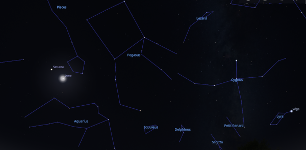 Capture de Stellarium montrant le ciel en début de nuit au moment où je finis de préparer ces pouets, donc un peu avant huit heures du soir. En regardant globalement vers le Sud-Ouest, on voit Pégase, constellation principale de l'automne, mais aussi le Cygne et la Lyre, deux des constellations importantes de l'été (les autres ont déjà disparu sous l'horizon).