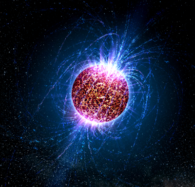Vue d'artiste d'une étoile à neutrons isolée : on voit, sur fond de ciel étoilé, une boule sombre mais dont la surface a l'air agitée entourée de lignes de champ magnétiques lumineuses.