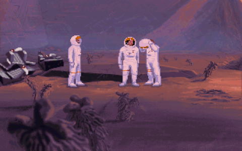 Capture d'écran du jeu The Dig, on y voit le personnage principal, Boston Low, retirer le casque de sa combinaison spatiale sur une exoplanète. Capture d'écran du jeu The Dig, on y voit le personnage principal, Boston Low, retirer le casque de sa combinaison spatiale sur une exoplanète.