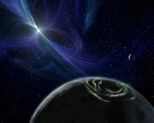 Vue d'artiste du système autour de ce pulsar. On voit surtout une exoplanète avec des aurores autour de son pôle, et deux autres un peu plus loin. Des effets lumineux marquent la présence du pulsar. La possible exocomète, en revanche, n'est pas représentée.