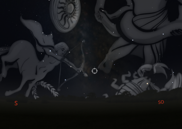 Capture de Stellarium montrant un cercle indiquant la position de Sagittarius A* dans le ciel du soir. Les dessins des constellations sont affichés, montrant le Sagittaire et le Scorpion (qui ne dépasse que partiellement de l'horizon), ainsi que les directions, entre le sud et le sud-ouest. On devine aussi la voie lactée.