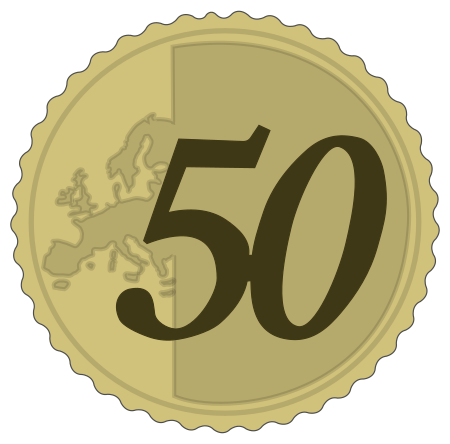 Dessin vectoriel, trouvé sur Wikimédia Commons, du design d'une pièce de cinquante centimes d'euros : on voit une pièce globalement ronde aux bords ondulés, avec la silhouette de l'Europe sur le côté gauche, et le nombre 50 écrit en très gros. Même si je n'en parle pas du tout dans le thread, ceci est en effet, si j'ai bien recompté, le cinquantième vulgadredi, et ça méritait quand même bien une petite médaille, même s'il nous reste encore un peu de chemin avant d'avoir fait un tour complet autour du Soleil.