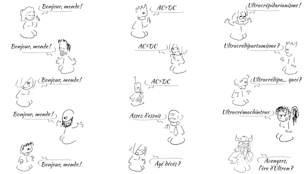 Image illustrative extraite de ma vidéo sus-mentionnée présentant les mécanismes de l'évolution. On y voit, en traits noirs sur fonds blancs (les couleurs sont inversées dans la vidéo), trois cascades de messages dans un jeu de type passe-parole (« téléphone arabe »), présentés en colonne avec des personnages fauchés dans les B.D. de Gee. Dans la première, le message est un simple « Bonjour, monde ! », qui se transmet efficacement jusqu'au bout. Dans la seconde, le message est le logo du groupe AC⚡DC. Ce message se transmet efficacement, jusqu'à rencontrer quelqu'un qui ne connaît manifestement pas le groupe et donc commence à le déformer. Dans la troisième, le mot transmis au départ est « ultracrépidarianisme », un mot tellement inutilement compliqué que dès la seconde personne de la chaîne, le message semble en voie de disparition rapide. Image illustrative extraite de ma vidéo sus-mentionnée présentant les mécanismes de l'évolution. On y voit, en traits noirs sur fonds blancs (les couleurs sont inversées dans la vidéo), trois cascades de messages dans un jeu de type passe-parole (« téléphone arabe »), présentés en colonne avec des personnages fauchés dans les B.D. de Gee. Dans la première, le message est un simple « Bonjour, monde ! », qui se transmet efficacement jusqu'au bout. Dans la seconde, le message est le logo du groupe AC⚡DC. Ce message se transmet efficacement, jusqu'à rencontrer quelqu'un qui ne connaît manifestement pas le groupe et donc commence à le déformer. Dans la troisième, le mot transmis au départ est « ultracrépidarianisme », un mot tellement inutilement compliqué que dès la seconde personne de la chaîne, le message semble en voie de disparition rapide.