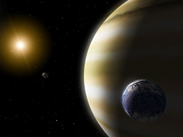 Vue d'artiste d'une exoplanète géante avec des lunes, trouvée sur Wikimédia Commons et venant apparemment du site de la NASA. On voit à gauche de l'image l'espace, avec vers le haut une étoile proche autour de laquelle cette planète doit tourner et, un peu partout, plein d'autres petits points indiquant les étoiles dans le lointain, mais on remarque également, vers le milieu, une des deux exolunes montrées ici. La moitié droite de l'image est pour sa part occupée en très grande partie par la planète géante, qui rappelle un peu notre Jupiter, mais on voit en bas, au premier plan devant cette géante, une seconde lune qui évoque fortement notre Terre. L'hypothèse d'une exolune habitable est loin d'être rare, même si on ne peut absolument pas détecter de tels objets pour l'instant, et j'ai choisi cette image parce que, quoique son origine soit a priori très différente et sans rapport, elle montre un système assez semblable à celui du jeu vidéo Aven Colony, dont il sera question dans les derniers pouets de ce thread.