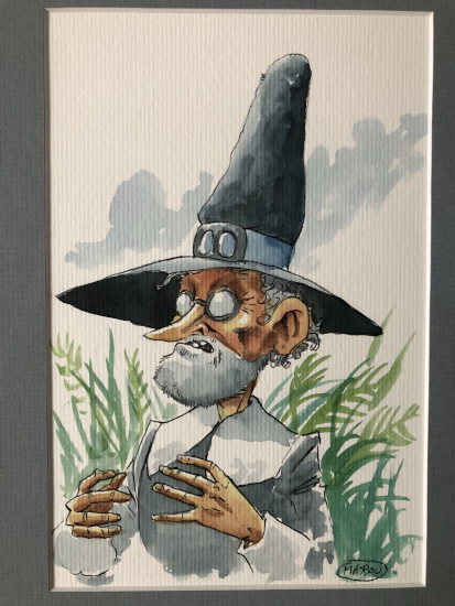 Portrait du personnage de Bombastus, un vieil homme barbu avec des lunettes ainsi qu'un costume et un chapeau gris, dans l'excellente série de bandes dessinées « de cape et de crocs ». Il n'a pas grand chose à voir avec ce dont on parle, étant plus intéressé par l'astronomie que par la médecine, mais je le pose ici parce que son nom complet assez long, « Bombastus Johannes Théophrastus Almagestus Wernher Von Ulm », semble être entre autres un clin d'œil au nom complet de Paracelse, « Philippus Theophrastus Aureolus Bombast von Hohenheim ».