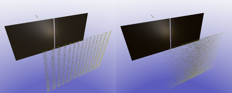 Environ le même schéma, mais cette fois-ci réalisé par quelqu'un qui sait faire des illustrations un peu plus soignées que les miennes (en l'occurrence, Jean-Christophe Benoist, qui a mis cet travail sur Wikimédia Commons, merci à lui) : sur la première version on voit la succession de zones claires et sombres montrant que chaque photon passe par les deux fentes, dans le second cas, l'appareil de mesure (non représenté, ou en tout cas je ne l'ai pas vu) fait que les impacts sont concentrés au milieu puis de moins en moins nombreux à mesure qu'on s'éloigne sur les côtés, de façon plus classique.