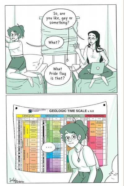 Petite B.D. que j'avais vu passer ici il y a un moment. On voit deux cases successives. La première montre deux lits côte à côte dans un dortoir. Une femme assise sur l'un des deux, avec son ordinateur sur les genoux, demande (en anglais) à l'autre, qui est visiblement en train d'accrocher quelque chose au mur : « Est-ce que tu es LGBT ? » L'autre répond « Quoi ? », surprise, et la première précise sa demande, « C'est quel genre de drapeau de fierté, ça ? ». La deuxième case nous montre la deuxième femme qui regarde sans trop savoir quoi répondre. Derrière elle, on voit ce qu'elle accrochait : un poster montrant l'échelle des temps géologique (il est vrai très colorée, de couleurs qu'on retrouve facilement sur les drapeaux LGBT).