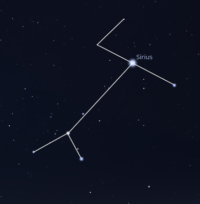La même capture, sauf que le tracé des constellations par Stellarium est désactivé, et qu'à la place, j'ai relié manuellement les étoiles entre elles, ça donne un chien beaucoup plus en fil de fer.