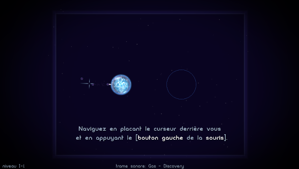 Capture d'écran du jeu vidéo Osmos, un jeu assez spécial mais très intéressant dans lequel on “contrôle” une sorte de boule (quoique le jeu se passe intégralement en 2D vu du dessus) que l'on peut faire se déplacer en lui faisant éjecter de la matière dans un sens pour la propulser dans l'autre. La capture d'écran montre le tout premier tableau du jeu, où l'on doit simplement montrer qu'on a compris en déplaçant la boule jusqu'à une position donnée, indiquée par un cercle. Un texte explicatif indique qu'on navigue en déplaçant le curseur et en appuyant sur le bouton gauche de la souris. Cela produit en effet une éjection de matière dans la direction du curseur, ce que l'on peut observer sur la capture.