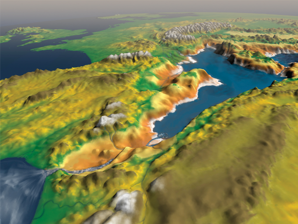 Simulation informatique du remplissage de la Méditerranée au moment où le détroit de Gibraltar s'est ouvert (trouvée sur la page Wikipédia appelée « Zanclean flood », qui est le nom donné à cet événement). On voit, de hauteur et plutôt depuis l'Afrique, l'eau couler depuis l'Atlantique et le bassin méditerranéen, situé plus bas que les terres qui l'environnent, se remplir.