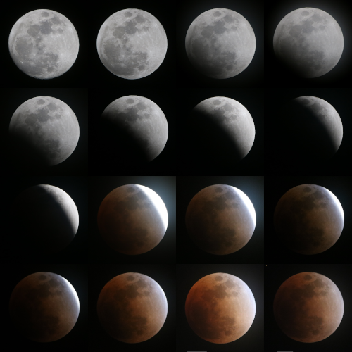 Succession d'images prises lors de l'éclipse du 31 janvier 2018 et trouvée sur Wikimédia Commons, constituée d'un carré de quatre images par quatre. Sur les deux premières lignes, on voit la Pleine Lune entièrement éclairée, puis l'ombre de la Terre qui avance progressivement à sa surface. Sur la troisième ligne, on voit une dernière image prise avec le même réglage d'exposition, où il ne reste plus qu'une toute petite partie de Lune éclairée, puis les images suivantes sont prises avec une plus grande exposition : la même zone que sur l'image précédente semble maintenant beaucoup plus éclairée, et un éclairage résiduel apparaît sur la partie qui est dans l'ombre. La partie éclairée diminue ensuite sur la ligne et demi qui reste, pour ne plus voir que la Lune totalement éclipsée. La lumière que reçoit la Lune de nos couchers et levers de Soleil est en effet beaucoup plus faible que celle reçue directement du Soleil, d'où le fait que la lune soit beaucoup plus sombre lorsqu'elle est rouge.