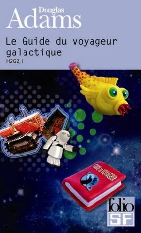 Couverture française du premier livre de la célèbre trilogie en cinq volumes, on y voit le nom de l'auteur, le titre (exactement « Guide du voyageur galactique »), une illustration comprenant un bulldozer, un babelfish (invention du roman, une sorte de poisson jaune qui, placé dans l'oreille de quelqu'un traduit tout ce que cette personne entend dans sa propre langue, permettant d'éviter le problème de la communication avec des extraterrestres. Un truc aussi improbable est accessoirement présenté comme une preuve de l'existence de Dieu, ce qui, par voie de conséquence, implique que Dieu n'existe pas, mais je vous laisse aller lire les détails dans le livre), et, bien sûr, un livre rouge dont le logo évoque un pouce levé pour faire de l'autostop, représentant le guide lui-même. Le logo de l'éditeur, Folio SF, apparaît également.