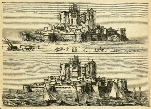 Gravure, trouvée sur Wikimédia Commons et issue du manuel scolaire intitulé « le tour de France par deux enfants », de George Bruno, dans son édition de 1904. On y voit, en haut, une représentation du Mont Saint Michel à marée basse, avec des gens et des attelages marchant sur la plage qui entoure les remparts de la ville. En bas, la même ville est montrée à marée haute : la plage a complètement disparue et les remparts sont maintenant complètement entourés par l'eau, où plusieurs bateaux à voile sont en train de naviguer.