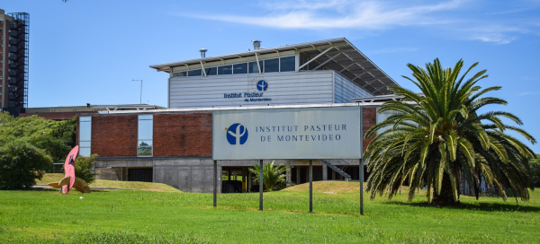 Photo, trouvée sur la Wikipédia dédiée, du bâtiment de l'Institut Pasteur en Uruguay, sur le continent sud-américain. On voit une pelouse, quelques arbres, et surtout le bâtiment lui-même, devant lequel se trouve un panneau avec le logo de l'institut et la mention « Institut Pasteur de Montevideo », inscription qui est également lisible sur un mur du bâtiment lui-même.