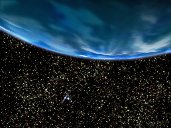 Vue d'artiste de cette planète, qu'on surnomme parfois Mathusalem. Elle occupe la moitié supérieure de l'image, quand la moitié inférieure montre un ciel étoilé (avec beaucoup plus d'étoiles que dans notre ciel habituel, puisqu'elle est située à l'intérieur d'un amas). On repère assez bien, en raison de leur luminosité, le pulsar et la naine blanche autour desquelles cette planète tourne, même si leur taille est assez petite.