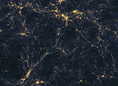 Simulation informatique de la structure de l'univers, trouvée sur la page Wikipédia anglophone dédiée à l'univers observable, « sur une large échelle » (plus de cinquante millions d'années-lumière, mais donc plusieurs ordres de grandeurs en dessous de la taille de l'univers observable). On voit qu'à ces échelles, les galaxies s'organisent en filaments, avec de grandes bulles d'espace vide entre ces filaments. Pour autant que nous le sachions, l'univers aux plus grandes échelles reste organisé de cette manière.