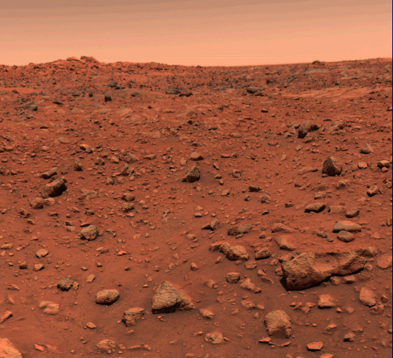 Première image prise par l'atterrisseur de Viking 1 une fois arrivé sur Mars, trouvée sur la page Wikipédia anglophone de la sonde. L'image est beaucoup plus parlante que celle du pouet précédent. On voit globalement du sol avec des cailloux, et un bout de ciel en haut, le tout dans des tons plutôt bruns, Mars ressemblant globalement à un énorme désert, mais froid.