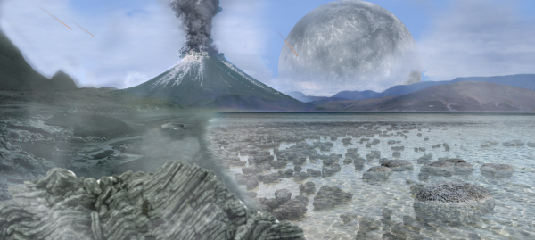 Vue d'artiste de la Terre à l'Archéen, trouvée elle aussi sur Wikipédia. La Lune est toujours immense et il y a toujours un volcan en activité et quelques météores qui tombent, mais le paysage a l'air globalement beaucoup plus calme et vivable, avec notamment une partie importante du paysage recouvert d'eau (et globalement, la pierre a remplacé la lave un peu partout, les couleurs dominantes passant du rouge et noir au bleu et gris). On reconnaît dans l'eau des formations rocheuses associées aux premières formes de vies, mais voyez le lien sur les stromatolithes au pouet suivant.