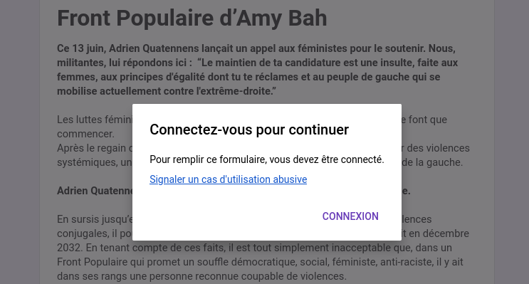 Capture d'écran du Google Doc de la pétition, avec une popup obligeant à se connecter (via un compte Google) pour pouvoir la signer.