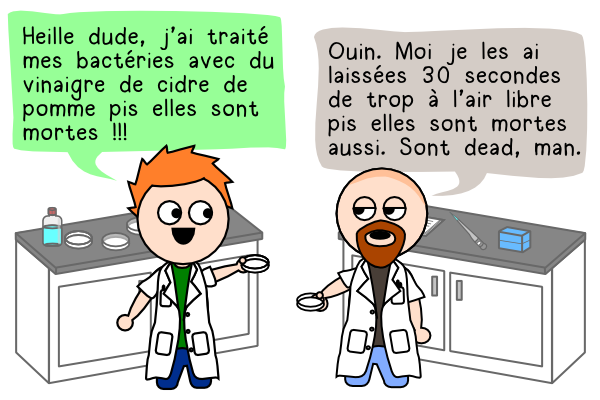 Case extraite de la B.D. du Pharmachien (dont je vous mettrai vraisemblablement le lien dans le thread de la semaine prochaine) dans laquelle on voit deux scientifiques discuter dans leur labo avec une blouse blanche et une boîte de Petri à la main. L'un, enthousiaste, indique qu'il a utilisé du vinaigre de cidre pour traiter ses bactéries, et que celles-ci sont mortes. L'autre, plus blasé, lui répond que les siennes sont mortes aussi juste parce qu'il les a laissé trente secondes de trop à l'air libre. Le Pharmachien indique en légende (ce que je n'ai pas reproduit ici) : « En laboratoire, à peu près n'importe quelle intervention peut avoir un effet antimicrobien. »