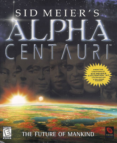 Image de la boîte du jeu Alpha Centauri, de Sid Meier, où l'on voit le titre, une rangée de portraits plus ou moins en filigrane, et l'image du lever de deux soleils sur une planète inconnue, avec la mention « The future of mankind ». Ce jeu fait partie de la série des Civilization et se déroule sur une hypothétique planète en orbite autour de ces étoiles (il fait suite au deuxième Civilization, dont le but ultime était d'envoyer un vaisseau coloniser ledit système). Dans la réalité, on a fini par effectivement trouver des planètes autour de deux des trois étoiles, B et C. Une des planètes autour de Proxima fait d'ailleurs partie de nos meilleures candidates à la possible présence d'une vie extraterrestre.