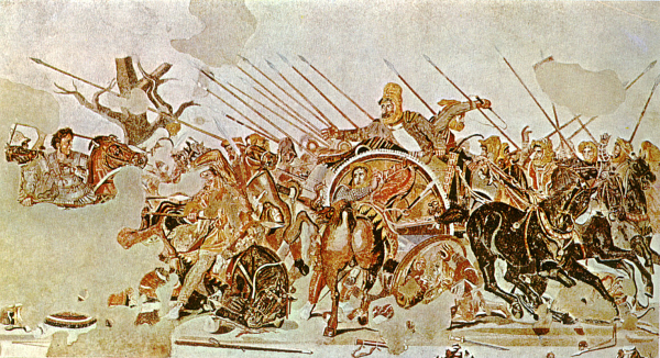 Image, trouvée sur Wikimédia Commons, représentant une bataille entre l'armée d'Alexandre et celle de Darius Ⅲ. Elle est souvent associée à la bataille d'Issos, mais une note l'accompagnant indique qu'elle pourrait aussi décrire celle de Gaugamela, qu'en français on appelle aussi la bataille d'Arbèles, et qui est celle s'étant déroulée juste après l'éclipse. Cette mosaïque est une des rares retrouvées représentant ces deux souverains, au point que la quasi-totalité des illustrations d'Alexandre comme de Darius que j'ai croisé jusque là soit sont découpées dans cette image, soit, comme la couverture du livre présentée dans le pouet précédent, en sont visiblement très fortement inspirées. On voit globalement un enchevêtrement assez chaotique de chevaux, soldats et lances, avec sur la gauche Alexandre sur Bucéphale (mais tête nue, contrairement à la couverture du livre, et personne sur l'image ne tire de flèches), et au milieu à droite Darius sur son char qui tend la main. Plusieurs parties de l'image sont manquantes, notamment deux morceaux du ciel, un bout de la roue du char de Darius, et surtout toute la partie inférieure du corps d'Alexandre, dont on ne voit plus que l'épée tenue un peu en dessous de sa ceinture, et de Bucéphale, dont on ne voit que la tête et une patte avant.