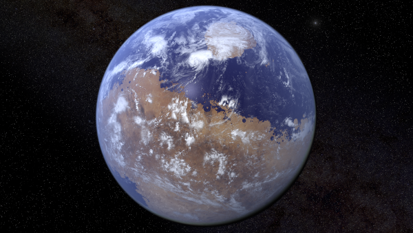 Rendu 3D, trouvé sur Wikimédia Commons, de Mars au cours du Noachien (le premier éon martien, on en reparle dans les pouets suivants), donc quand elle avait encore une atmosphère dense (on voit un certain nombre de nuages) et de l'eau à sa surface. L'hémisphère sud de Mars est situé vers le haut de l'image, et, assez ironiquement, cela ressemble plutôt pas mal à ce que Schiaparelli avait cru voir et dont on a parlé la semaine dernière (avec beaucoup moins de chenaux, ceci dit).