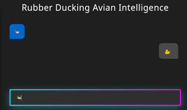 Capture of David's site linked above, I sent the prompt « 🦆 » (unicode duck emoji) and the site obviously answered by it's usual duck image.