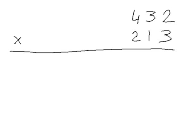 Gif animé (tracé par mes soins avec The GIMP et ma tablette graphique) montrant comment poser « à la main » une multiplication classique (en l'occurrence 432 × 213). On commence par multiplier le premier nombre par chacun des chiffres du second, en décalant d'un zéro pour le chiffre des dizaines et de deux pour celui des centaines, puis on fait l'addition des trois nombres ainsi obtenus, en n'oubliant pas les retenues, donnant le résultat 92016.