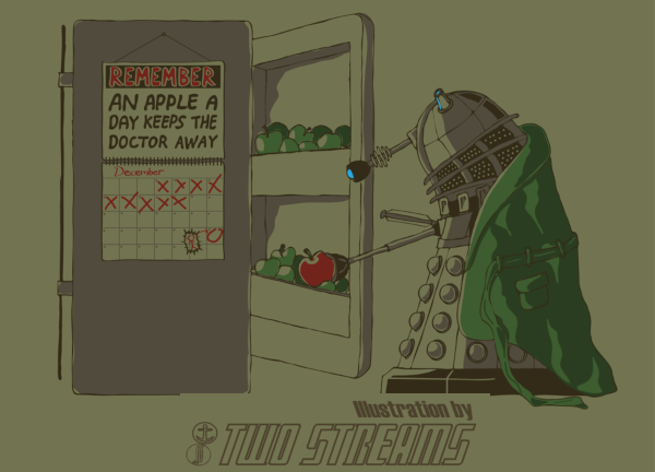 Image humoristique (une signature « Two Streams » apparaît en bas) montrant un Dalek, extraterrestre particulièrement agressif de la série Doctor Who, ouvrir son frigo pour en sortir une pomme. Sur le frigo est accroché une petite affichette où est marqué un proverbe anglophone qu'on traduit habituellement par « Une pomme par jour éloigne le médecin », mais qui dans sa langue d'origine utilise le mot « docteur », ce qui peut donc faire référence au héros de la série, ennemi juré des Daleks. À noter que le proverbe date du dix-neuvième siècle, et que, paraît-il, Winston Churchill précisait que, pour que la pomme éloigne effectivement le médecin, il est quand même nécessaire de bien viser.