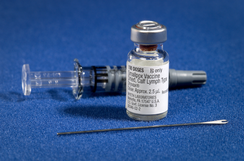 Photo d'un kit de vaccination contre la variole, qui apparaît actuellement deux fois sur la page Wikipédia dédiée aux vaccins ! On voit un petit flacon portant une étiquette sur laquelle on peut notamment lire « smallpox vaccine », ainsi qu'une seringue démontée (l'aiguille est posée à part). Évidemment, la variole était à son époque dangereuse immédiatement et facile à attraper, il valait donc mieux se vacciner préventivement au cas où ; pour la rage, la contagion étant beaucoup plus rare et plus facile à repérer, et le temps d'incubation nous laissant la possibilité de réagir, une campagne de vaccination préventive serait d'un intérêt bien plus limité, inutile de prendre la peine de vacciner des tonnes de gens qui ne seront jamais confrontés à la maladie.