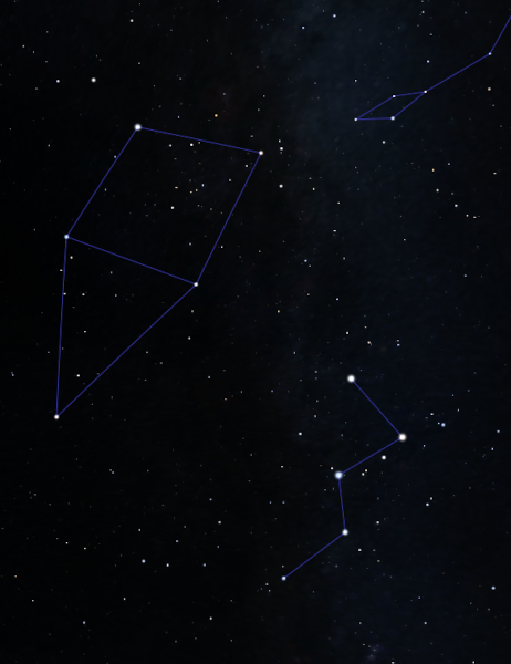 Capture d'écran du logiciel Stellarium, où l'on voit deux tracés de constellations, dont un a la forme de la lettre W.