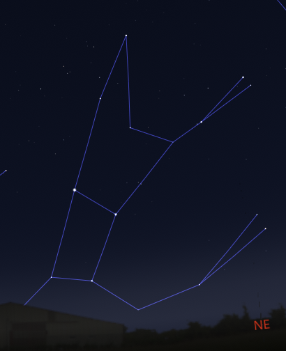 Encore une capture de Stellarium, montrant cette fois la grande ourse partiellement sous l'horizon, les trois étoiles formant la queue de la casserole étant masquées.