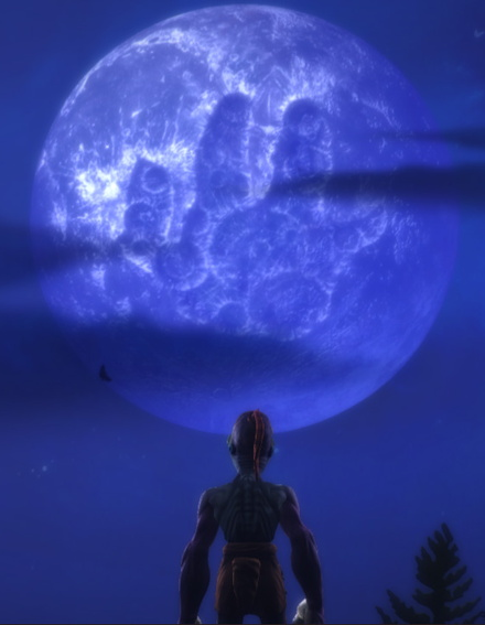Capture d'une des cinématiques de l'Odyssée d'Abe, dans laquelle on voit la Lune avec un relief à sa surface ayant la même forme que de la main du personnage, lequel est en train d'admirer ça au premier plan. À noter que l'image provient du remake « New'n'Tasty » : je n'ai pas retrouvé d'image de l'original, et j'ai eu un peu la flemme de me refaire toute l'évasion du début pour pouvoir prendre une capture moi-même.