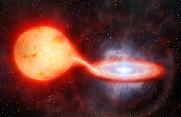 Vue d'artiste d'un couple stellaire dans laquelle une des deux étoiles s'est déjà transformée en étoile à neutrons. Comme les deux objets sont très proches, un filament de matière les relie, et la gravité conduit la matière arrachée à l'étoile encore en vie à former un anneau autour de l'étoile à neutrons, pouvant conduire à son effondrement.