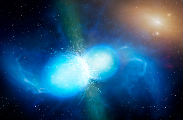 Vue d'artiste de la fusion de deux étoiles à neutrons (on voit globalement deux boules blanc-bleu se rentrer dedans avec du gaz autour sur fond de ciel étoilé), un des événements susceptible de former un trou noir. C'est aussi un des événements les plus impressionnants de l'univers, générant des ondes gravitationnelles, mais on parlera de ce genre de choses une autre fois.