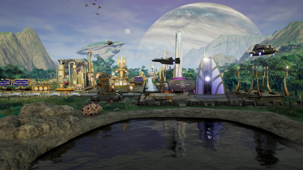 Capture, trouvée sur Internet, du jeu Aven Colony : on voit une sorte de lac en bas de l'image, puis divers bâtiments plus ou moins exotiques avec quelques véhicules volants, et en haut, dans le ciel, quelques nuages et oiseaux, et surtout ce qui ressemble beaucoup à une planète géante gazeuse un peu dans le style de Jupiter, mais qui semble occuper un tiers du ciel à elle toute seule, ce qui implique qu'elle soit beaucoup trop proche pour que l'astre sur lequel nous nous trouvons sur cette image tourne autour de son étoile, un tel système aurait connu des collisions assez vite. Voyez ma vidéo sur le statut de Pluton si vous voulez plus un peu plus de détails. À noter qu'on voit un autre astre, vraisemblablement une (autre) lune de la planète géante, dans le ciel à côté d'elle, je vais en reparler dans l'alt-text suivant.