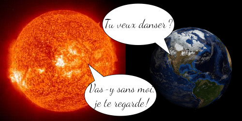 Vue de la Terre et du Soleil placés côte à côte, sur fond noir, absolument pas à l'échelle (en vrai, le Soleil a un diamètre cent fois plus large que celui de la Terre, et si on s'éloigne assez pour avoir leur vraie distance dans l'image, la Terre devient trop petite pour être visible). Deux bulles de dialogue les font s'échanger des politesses pour savoir qui va tourner. Même si je ne vais pas à ce niveau de détail dans le thread, on sait maintenant que, dans la réalité, ce n'est pas vraiment la Terre qui tourne autour du Soleil non plus : c'est le couple Terre-Soleil qui tourne ensemble autour de son centre de masse. Mais comme ce centre de masse se situe à l'intérieur du Soleil, c'est quand même la Terre qui fait la plus grosse partie du trajet tandis qu'il ne bouge presque pas.
