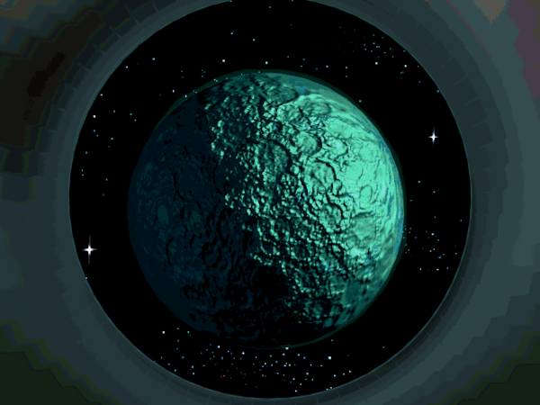 Capture d'écran du jeu Little Big Adventure Ⅱ, montrant la Lune telle qu'on peut la voir dans un télescope vers le début de la partie. C'est un bel objet céleste tout vert avec pas mal de reliefs à sa surface.