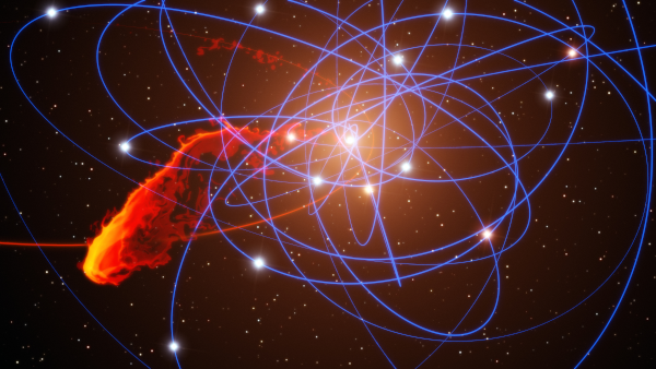Modélisation du voisinage de Sagittarius A*, le trou noir supermassif (quatre millions de masses solaires) situé au centre de notre galaxie, dont on reparlera un peu plus bas. Ce rendu visait à simuler le passage d'un nuage de gaz à proximité du trou noir : passant trop près, celui-ci est fortement déformé, mais les étoiles situées en orbite continuent de tourner comme si de rien n'était. Les étoiles sont représentées par de petites sphères lumineuses, avec leur orbites tracées en bleu, tandis que le nuage de gaz et sa trajectoire sont indiqués en rouge.