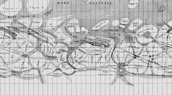 Une des cartes de Mars tracées par Schiaparelli. Il s'agit d'un planisphère, représenté ici avec le sud en haut et le nord en bas. On pensait à l'époque que la partie sud de la planète était dans sa grande majorité couverte d'eau (on voit en particulier une grande mer principale simplement appelée « Mare Australe »), tandis que la partie nord était beaucoup plus sèche, avec quelques petites « mers », mais globalement surtout de la Terre émergée, et cette carte montre tout un réseau de chenaux quadrillant cette partie de la planète.