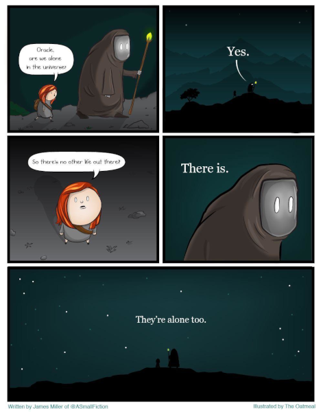 Célèbre planche du WebComic The Oatmeal. Dans la première case, deux personnes marchent l'une à côté de l'autre et la première demande (en anglais) « Oracle, sommes-nous seuls dans l'univers ? ». Dans la seconde case, vue de beaucoup plus loin pour qu'on puisse observer un bout de ciel et le fait que ces deux personnages sont assez isolés, l'oracle répond « Oui. » Dans la case suivante, la première personne insiste, surprise, « Donc, il n'y a pas d'autre vie ailleurs ? » La case suivante nous montre un gros plan sur l'oracle qui répond « Il y en a. » Puis la dernière case est de nouveau vue de loin, montrant le ciel étoilé et l'oracle qui précise « Ils sont seuls aussi. » Célèbre planche du WebComic The Oatmeal. Dans la première case, deux personnes marchent l'une à côté de l'autre et la première demande (en anglais) « Oracle, sommes-nous seuls dans l'univers ? ». Dans la seconde case, vue de beaucoup plus loin pour qu'on puisse observer un bout de ciel et le fait que ces deux personnages sont assez isolés, l'oracle répond « Oui. » Dans la case suivante, la première personne insiste, surprise, « Donc, il n'y a pas d'autre vie ailleurs ? » La case suivante nous montre un gros plan sur l'oracle qui répond « Il y en a. » Puis la dernière case est de nouveau vue de loin, montrant le ciel étoilé et l'oracle qui précise « Ils sont seuls aussi. »