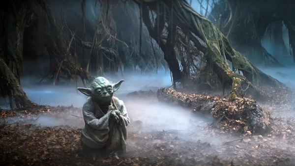 Image de Yoda sur Dagobah. Le petit personnage vert aux longues oreilles se tient sur un sol recouvert de feuilles mortes, avec une légère brume, et de nombreux arbres assez grands, évoquant ceux d'une mangrove, sont visibles aux alentours. D'après ce qu'on peut voir dans le film, toute la planète semble avoir cet aspect, avec seulement des endroits plus ou moins marécageux. Si un tel endroit existe en vrai, l'histoire de la vie à sa surface serait très différente de ce que notre planète à nous a connu.