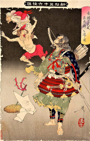 Dessin d'un samouraï japonais, Minamoto no Tametomo, affrontant le « démon de la variole », qui illustre actuellement la page Wikipédia dédiée à ce dernier, et réalisé par Tsukioka Yoshitoshi. La maladie, ayant causé environ un million de victimes et pas mal de bouleversements sociaux et politiques lors de son arrivée sur l'île, a évidemment laissé des traces dans la mythologie locale.