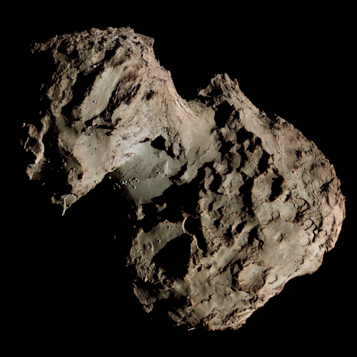 Image de la comète Tchouri vue de près, photographiée par Rosetta. La comète a une forme étrange, avec une partie plus fine et lisse qui relie deux blogs plus gros et présentant plus de reliefs.