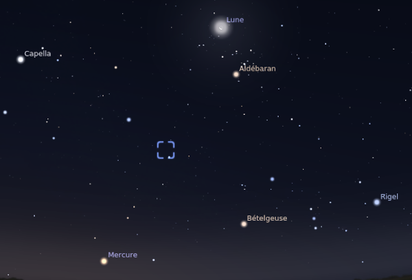 Capture de Stellarium montrant le ciel du 4 juillet 1054 en Chine, peu avant l'apparition de l'« étoile » dans le ciel (que Stellarium ne semble pas afficher sans bidouillages particuliers que j'ai la flemme de faire). On peut voir les constellations du Taureau et d'Orion, ainsi que Mercure et la Lune à proximité. Le carré indiquant la position de l'objet est situé juste à côté d'une des deux cornes du taureau.