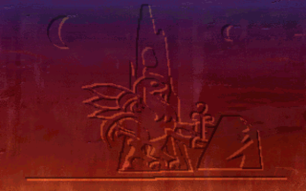 Capture d'écran d'une animation de The Dig, montrant un extraterrestre au premier plan et deux croissants de lune dans le ciel.
